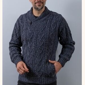 Inis Crafts Navy Wool Fisherman Style Shawl Collar Sweater, Size Small